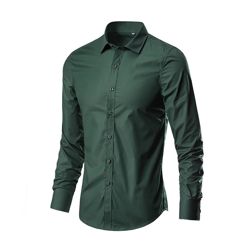 Simple Trendy Long-sleeve Slim Shirt Dark Green