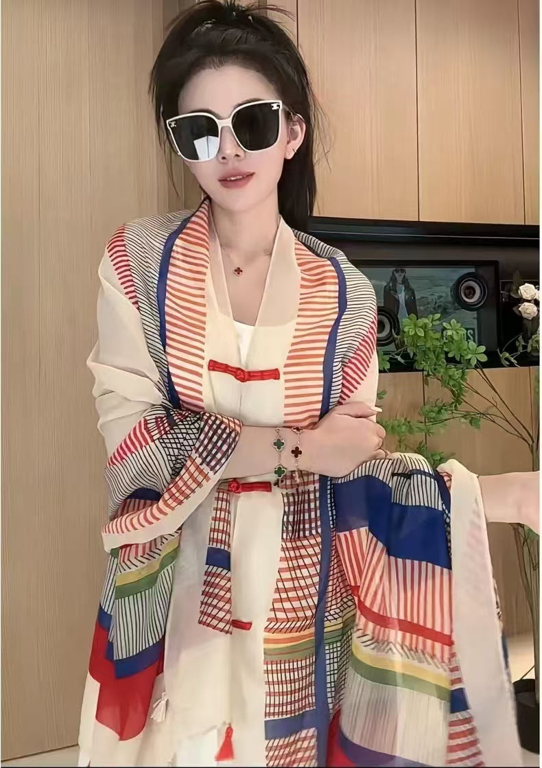 Popular Ethnic Style Shawl Summer Travel Wear Retro Buckle Sun Protection Coat Color Grid 180X90cm