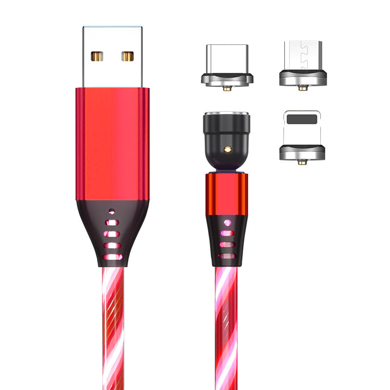 540 Rotate Luminous Magnetic Cable 3A Fast Charging Mobile Phone Charge Cable For LED Micro USB Type C For I Phone Cable Red With 3pcs head