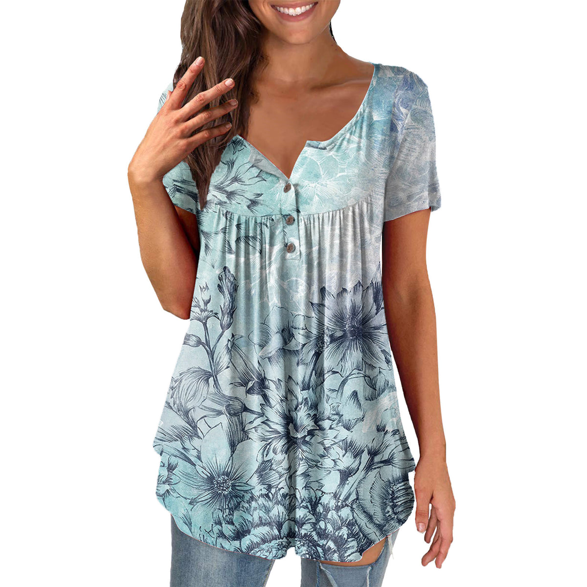 Ladies' Printed Ruffled Pullover Short Sleeve 6COLOR