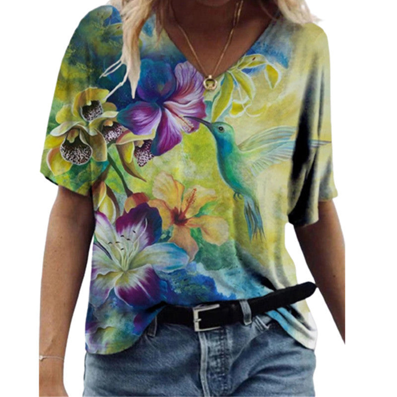 Butterfly Print Short Sleeve V-neck Ladies Loose A3