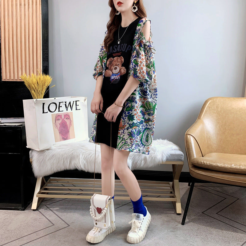 Fashion Ladies Stitching Bear Short Sleeve Black