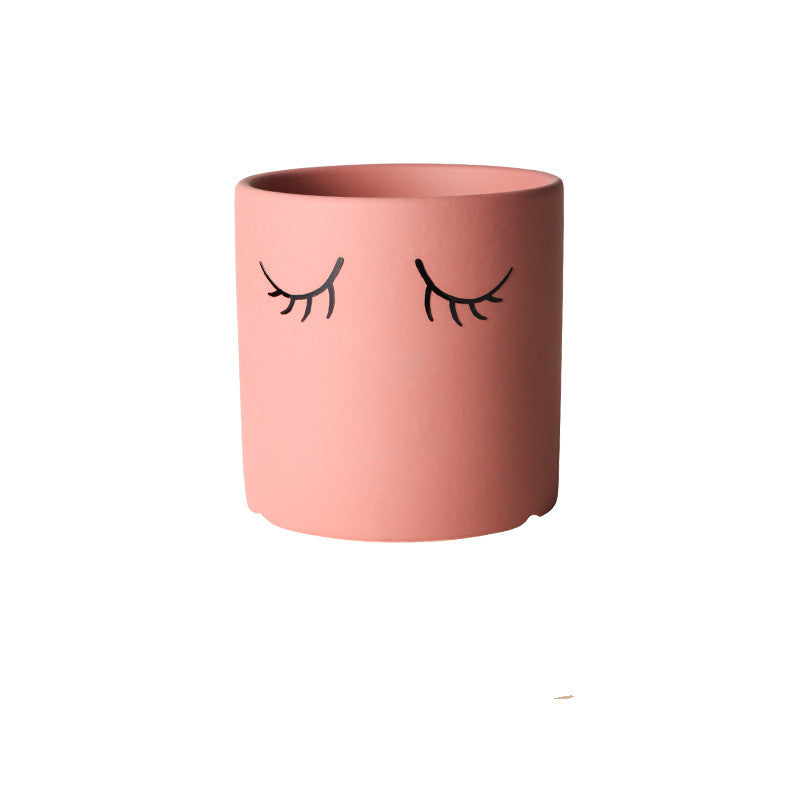 Ceramic Abstract Eyelashes Round Flower Pot Indoor Cactus Succulent Art Flower Pot Brown Red 11X11cm