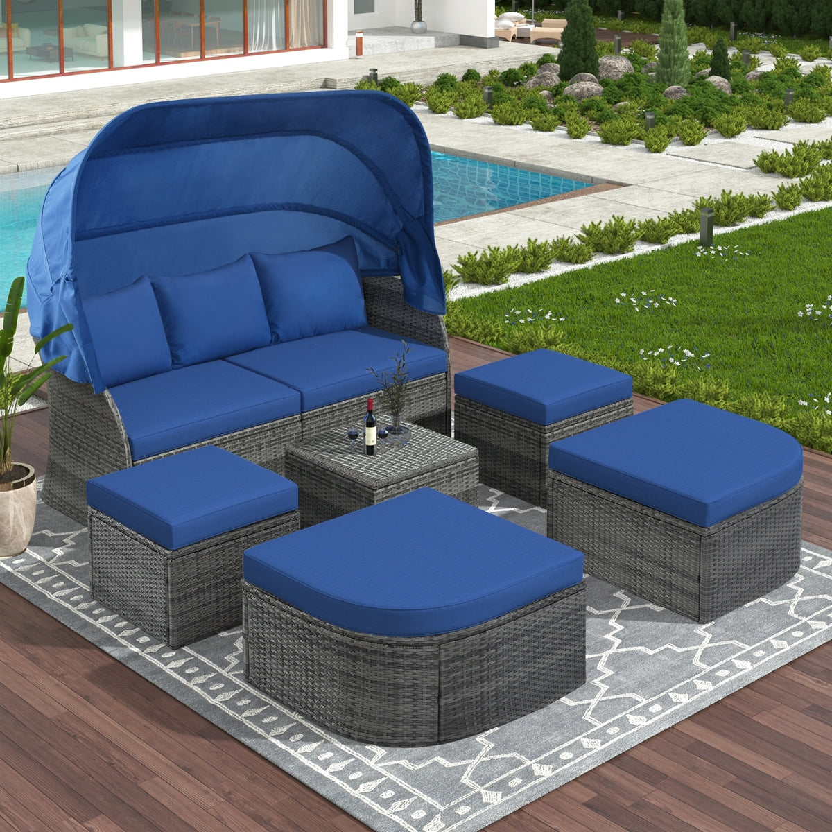 U STYLE Patio Furniture Set Daybed W Retractable Canopy Wicker