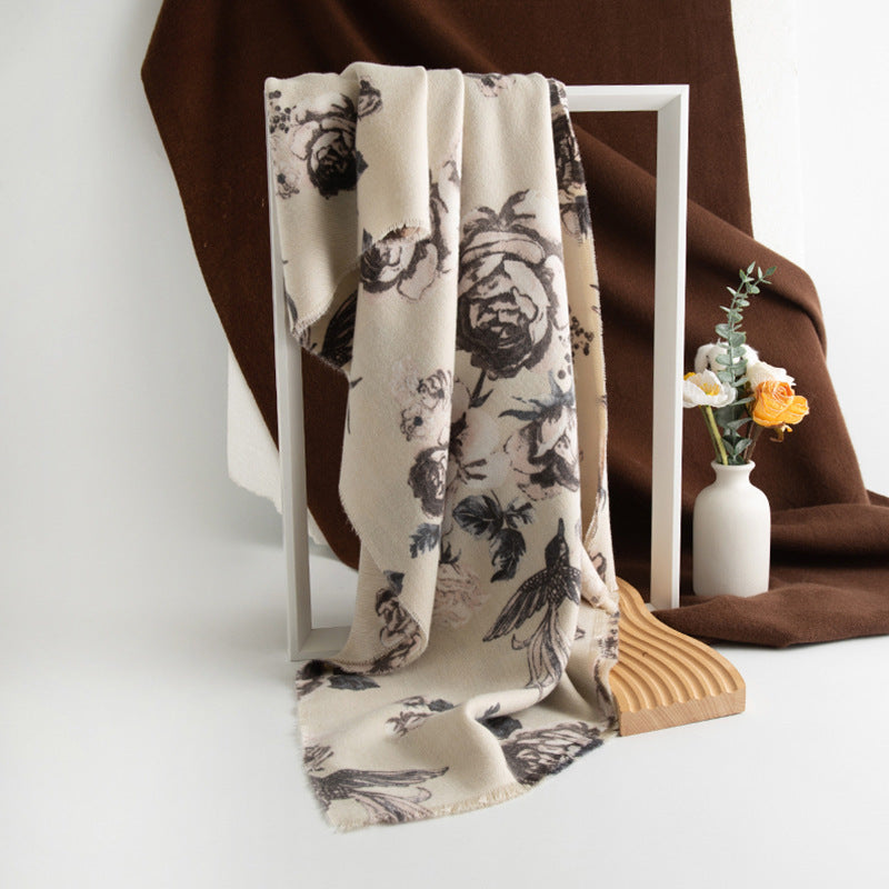 Cashmere-like Tassel Shawl Rose Print Cold-proof Warm Scarf Spring Swallow Rose Beige 190X65CM