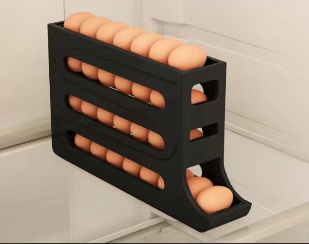 Refrigerator 4-Layer Automatic Egg Roller Sliding Egg Tray Refrigerator Side Door Large Capacity Holder Egg Storage Box Kitchen Gadgets Black Without packing 1PC