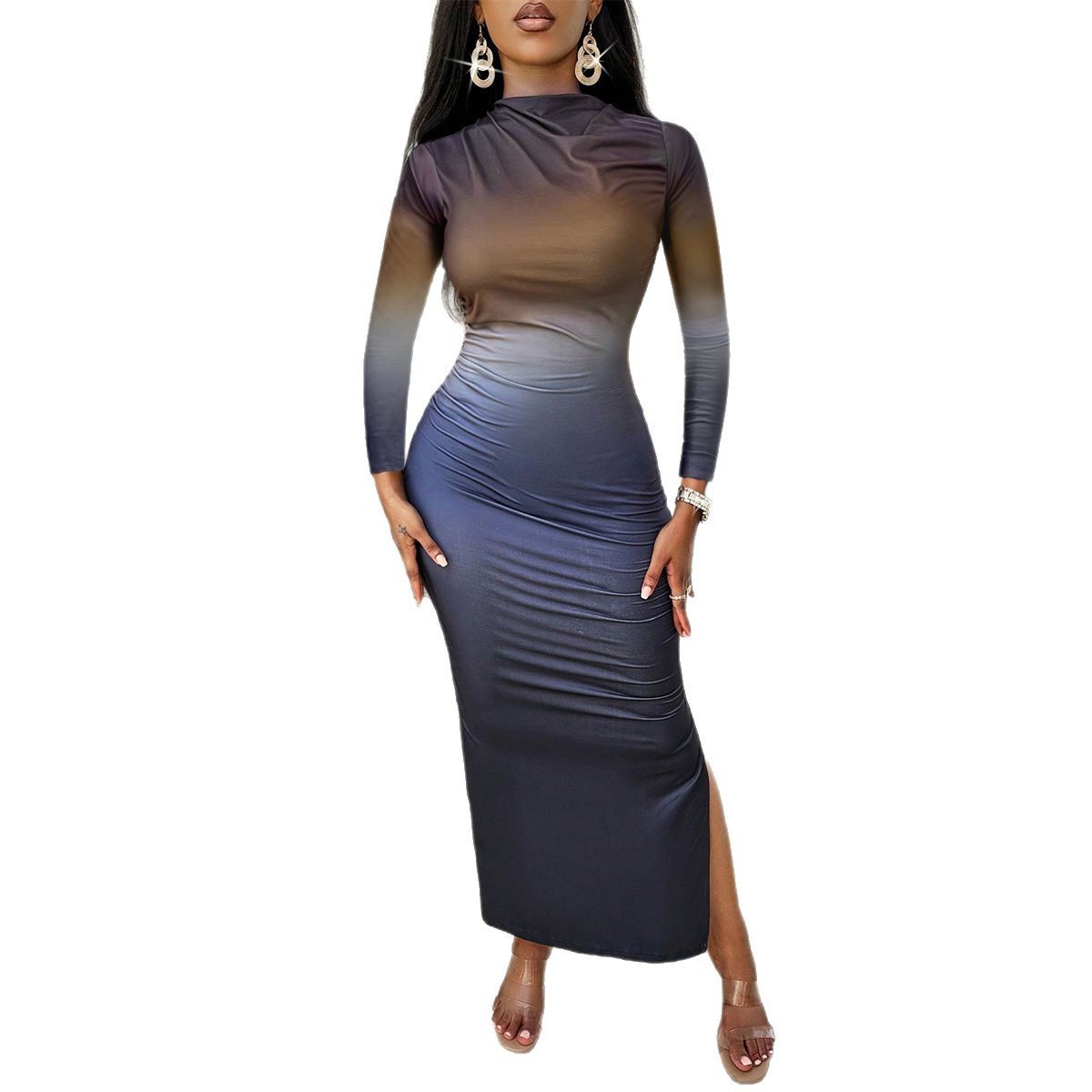 Slim-fit Contrast Colors Blooming Mid-length Sheath Long Sleeve Dress