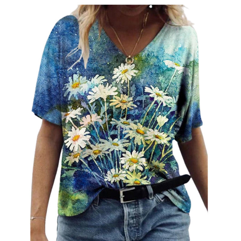Butterfly Print Short Sleeve V-neck Ladies Loose A11