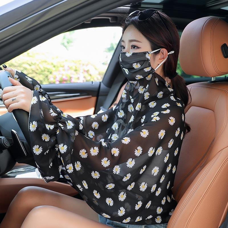Women's Minimalist Face Mask And Neck Protection Integrated Sunscreen Clothing Black Daisy