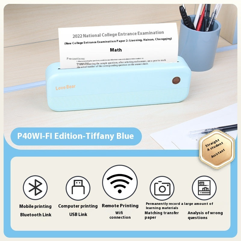 Ailixiong P40 Small Mini Ink-free Office Portable A4 Thermal Printer P40 Tiffany Blue Wifi Version