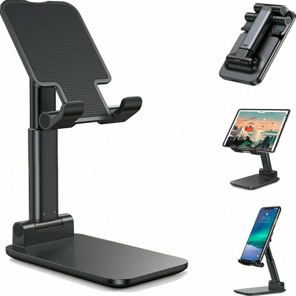 Cell Phone Stand Desktop Holder Tablet Stand Mount Mobile Phone Desktop Tablet Holder Table Cell Foldable Extend Support Desk Mobile Phone Holder Stand Black