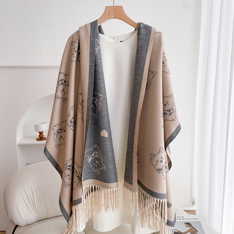 Warm Scarf Fashionable Outerwear Sweet Cute Double-sided Shawl Puppy Gray Rice