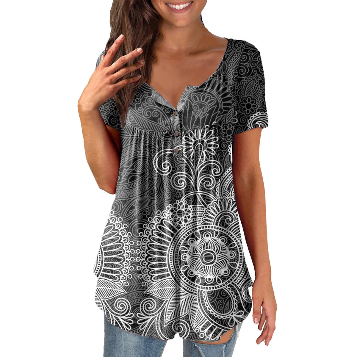 Ladies' Printed Ruffled Pullover Short Sleeve 11COLOR