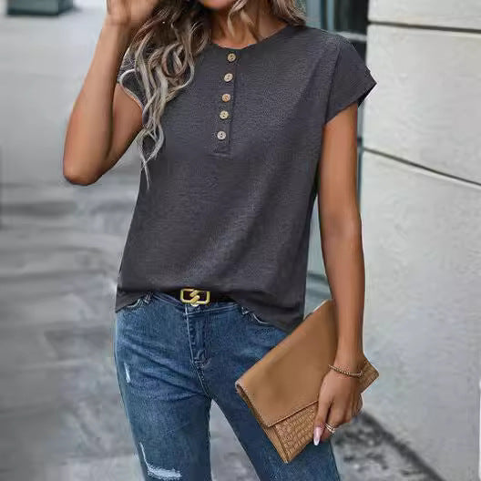Buttons Short Sleeve Casual Ladies T-shirt Gray