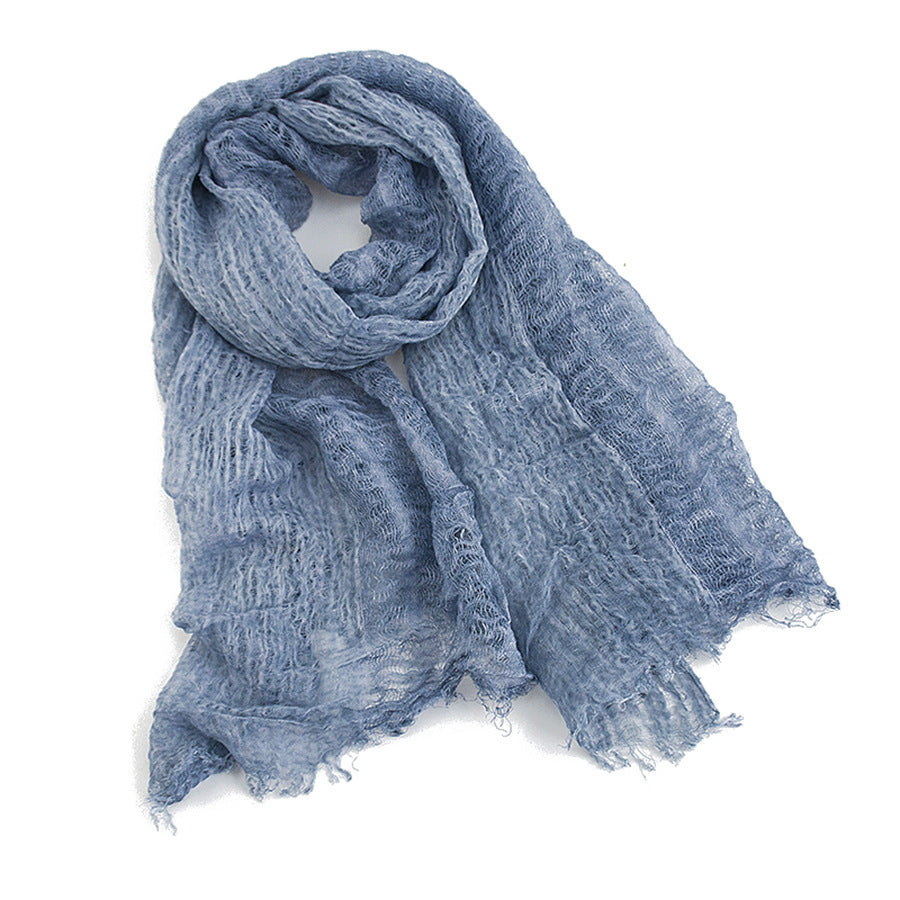 Solid Color Linen Scarf Retro Style Tassel Shawl For Women Denim Blue 190x80cm