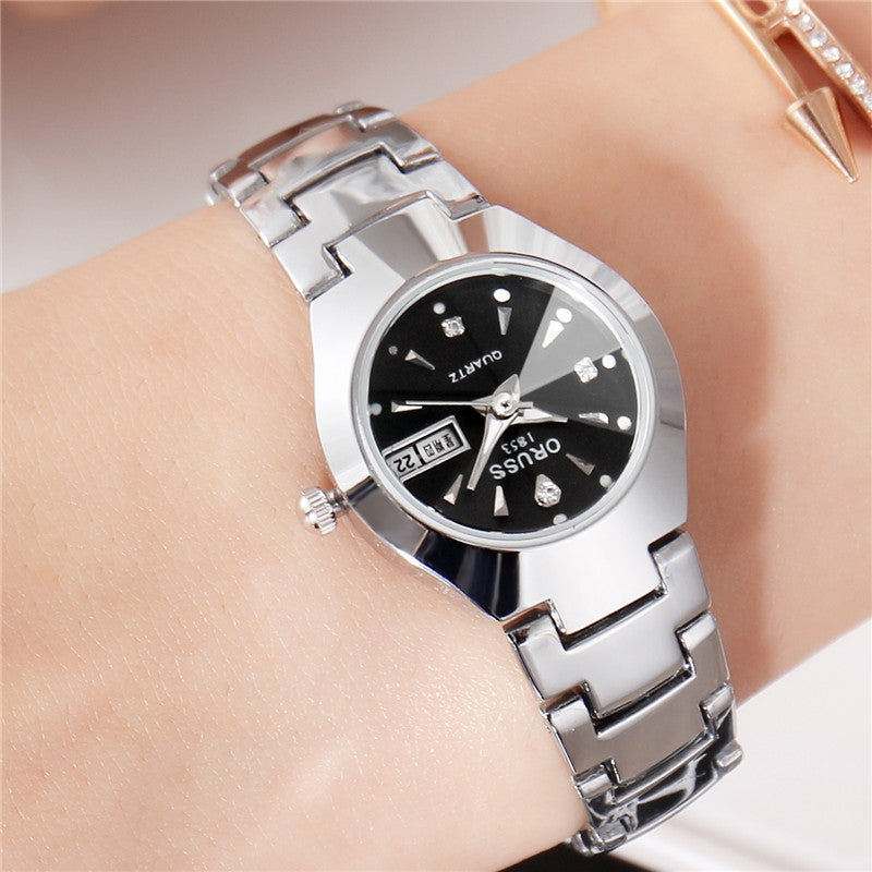 Tungsten Steel Color Waterproof Fashion Student Couple Calendar Quartz Watch Upgrade Women Models Black