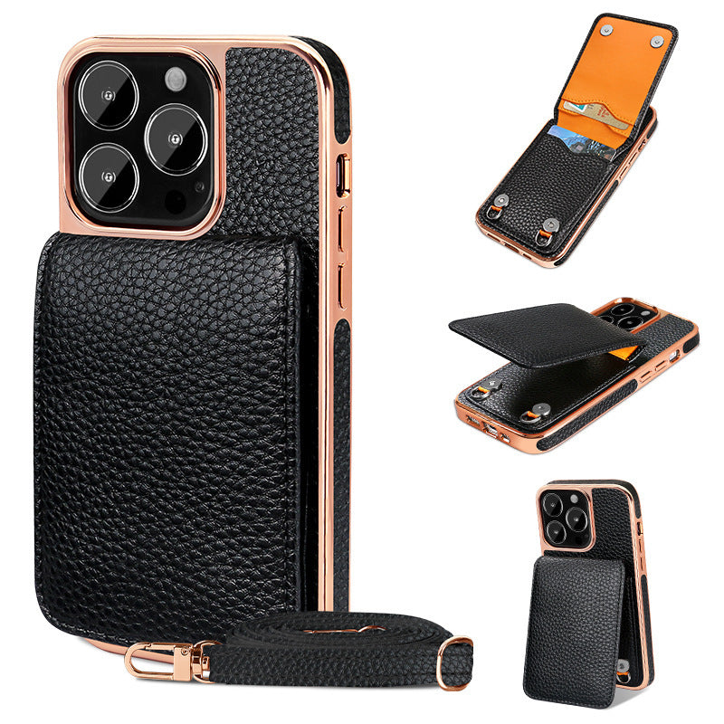 Litchi Pattern Wallet Lanyard Phone Case For 14 Black