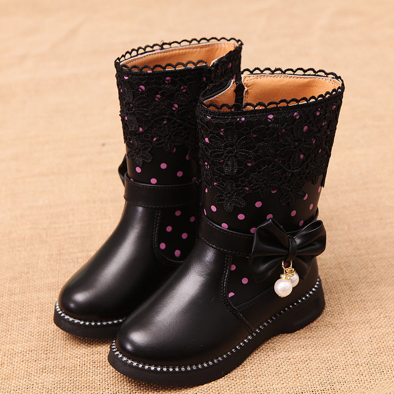 Bowknot Pendant Lace And Velvet Girls' Cotton Shoes Black