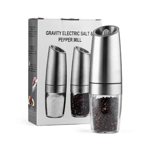 Electric Gravity Pepper Grinder Salt Grinder Adjustable Coarseness Silver Set