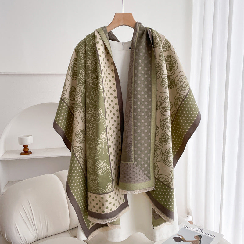 Warm Scarf Fashionable Outerwear Sweet Cute Double-sided Shawl Polka Dot Camellia Green Rice