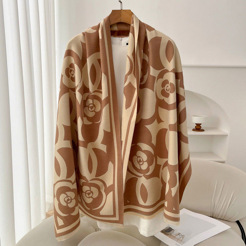 Retro High Sense Artificial Cashmere Scarf Camellia Camel Rice No Specifications