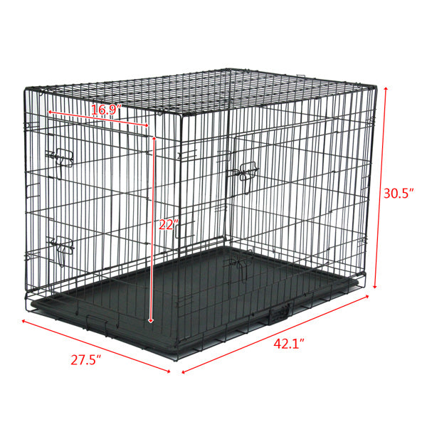 42 Inch Iron Foldable With Divider Plastic Tray Black Dog And Cat Cage