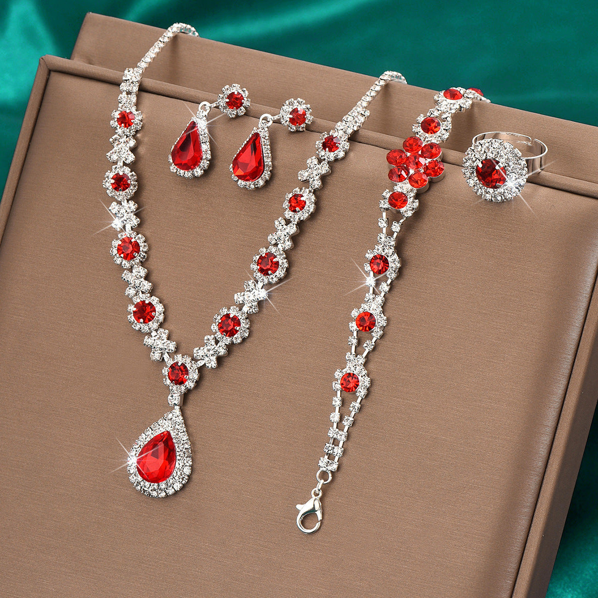 High-grade Crystal Gem Women's Water Drop Necklace Ear Stud Bracelet Ring 907660918 Ring Red
