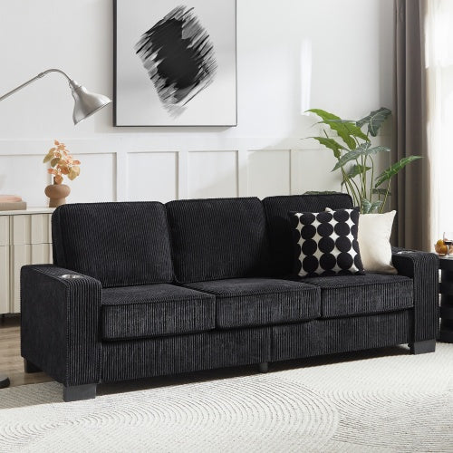 83.86Corduroy Fabric Sofa,Modern Compressed Couch,3-Seater Sofa, Furniture For Living Room,Bedroom,office Black