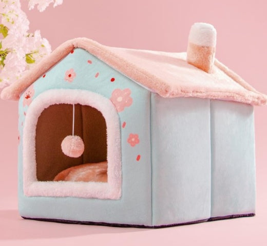 Foldable Dog House Pet Cat Bed Winter Dog Villa Sleep Kennel Removable Nest Warm Enclosed Cave Sofa Pets Supplies Romantic cherry blossom