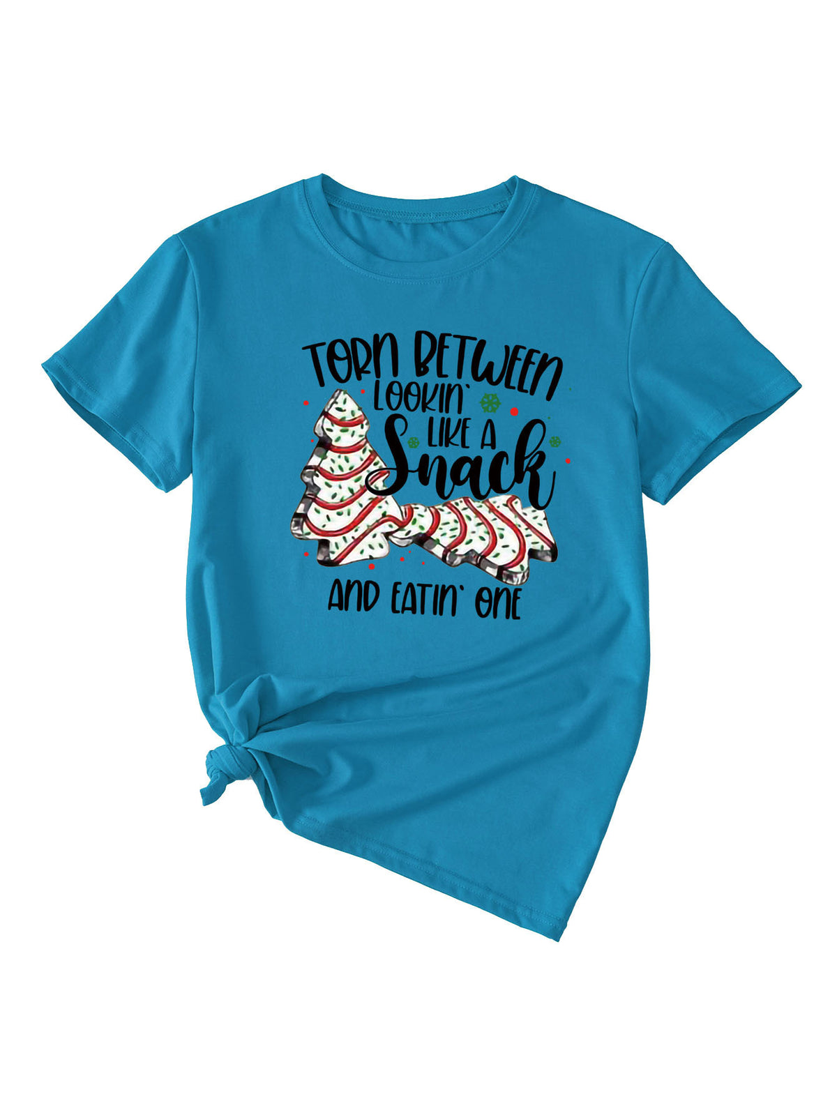 Simple Pattern Printing Ladies Round Neck Short Sleeve Tops Lake blue black color