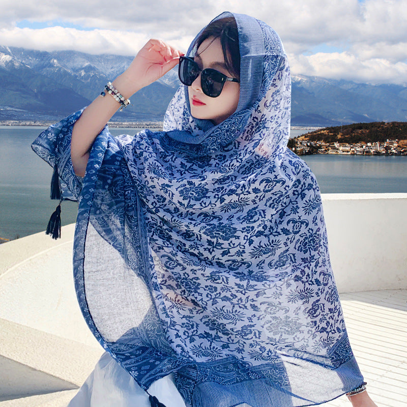 Women's Outer Scarf For Traveling In Western Sichuan Grassland Blue And White Porcelain Default