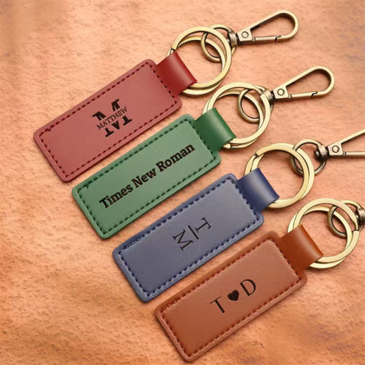 Solid Color Leather Double Ring Keychain Laser Engraving