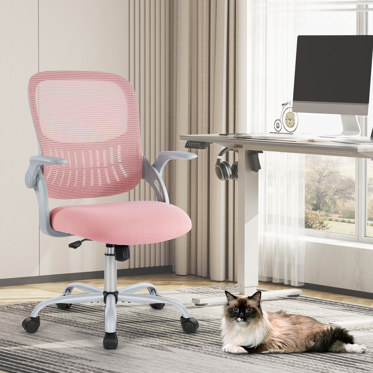 Tall Office Chair For Standing Desk With Adjustable Foot Ring,Counter Height Office Chairs PinkMovable Armrest