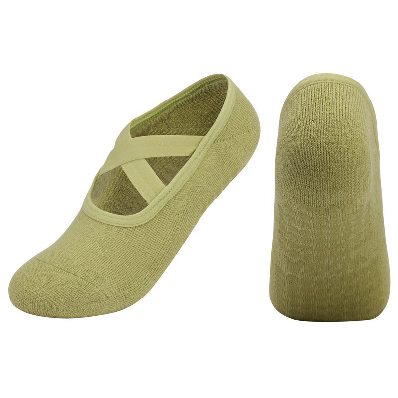 Non-slip Glue Women's Antibacterial Cotton Cross Strap Yoga Socks Q2 Green 35to42