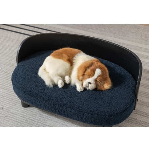 Scandinavian Style Elevated Dog Bed Pet Sofa With Solid Wood Legs And Bent Wood Back, Velvet Cushion, BLACK Dark Blue