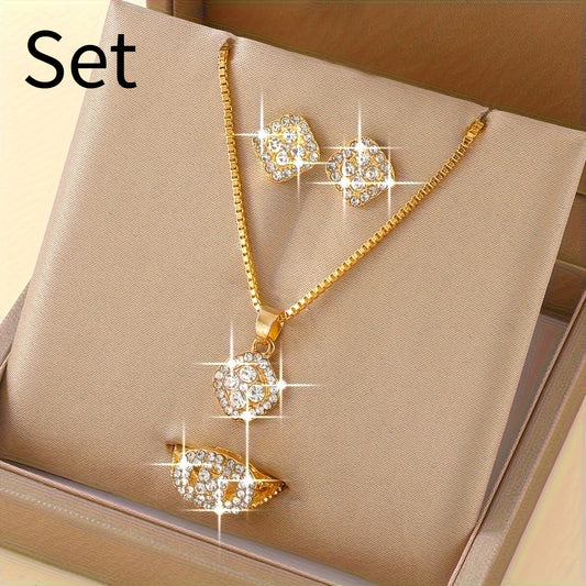 Light Luxury Diamond All-match Necklace Ring Three-piece Earrings Set