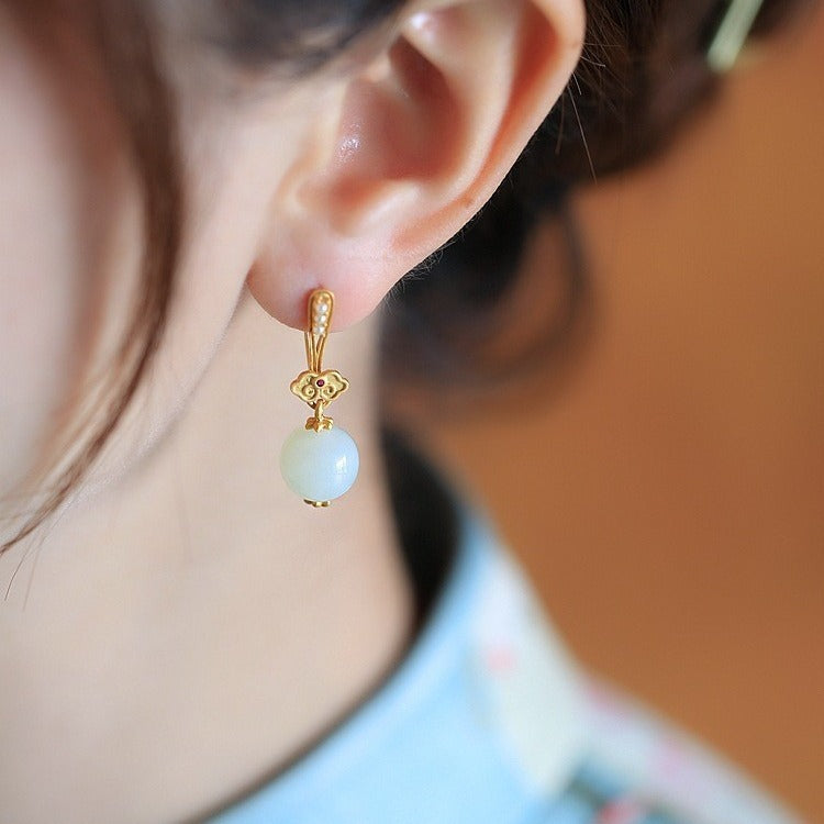 High-grade Ruyi Sterling Silver Ancient Gold Inlaid Hetian Vintage Earrings