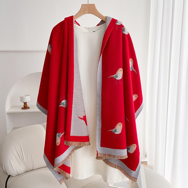 Warm Scarf Fashionable Outerwear Sweet Cute Double-sided Shawl Magpie Chinese Red