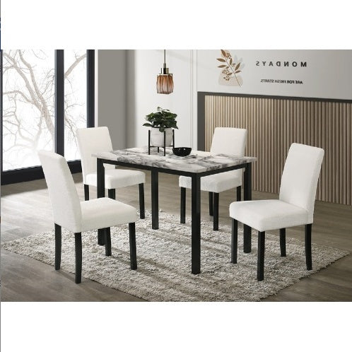 White Color Wool Fabric Chairs Faux Marble Top Table 5pc Dining Set Kitchen Dinette Cushions Upholstered 4x Chairs Dining Room White