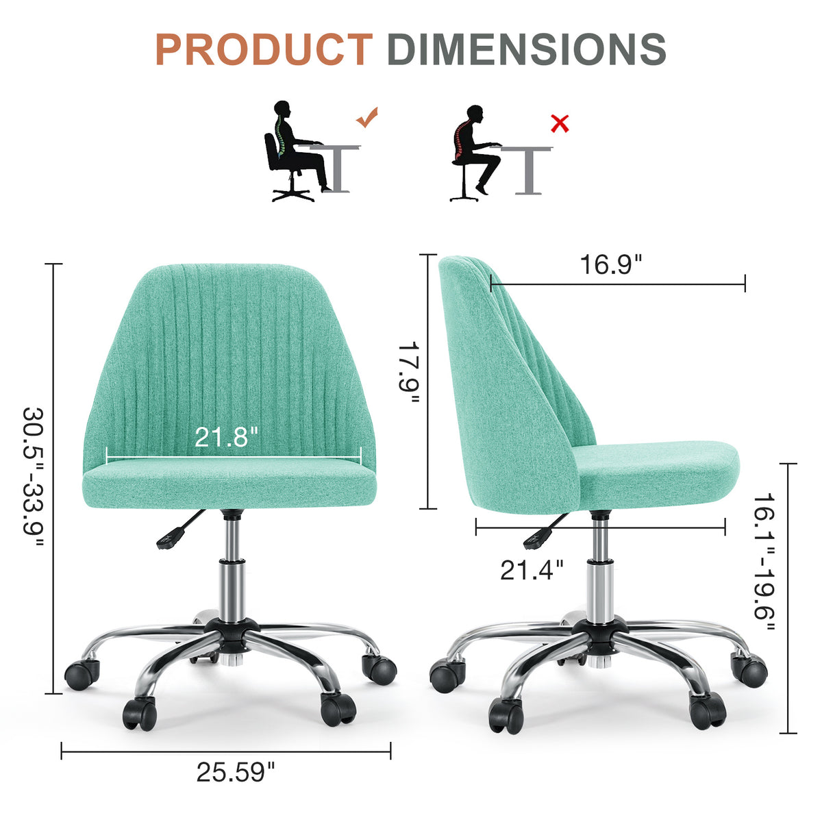 Modern Fabric Armless Adjustable Swivel Office Desk Chairs With Wheels Green