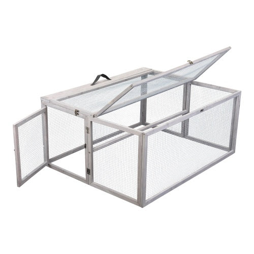 Folding Rabbit Hutch With Perch Pole, Wooden Foldable Guinea Pig Runway, Outdoor Rabbit Cage, Portable, Grey