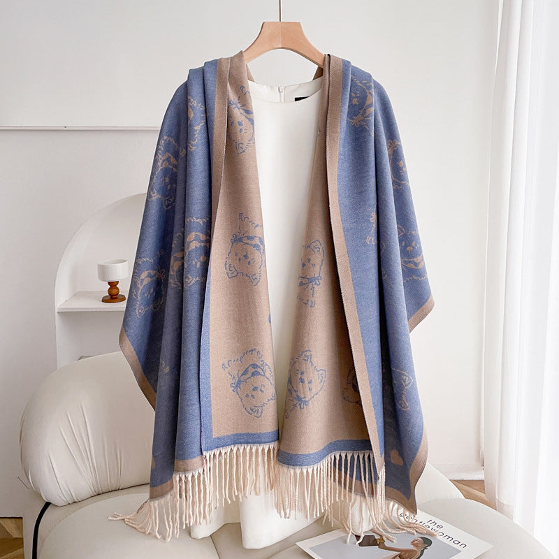 Warm Scarf Fashionable Outerwear Sweet Cute Double-sided Shawl Puppy Blue & Camel