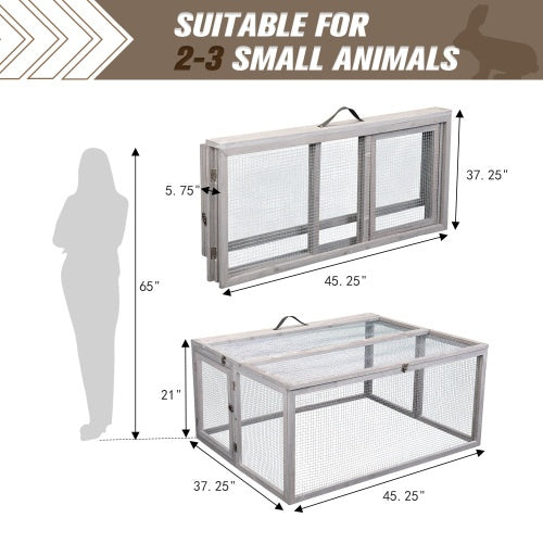 Folding Rabbit Hutch With Perch Pole, Wooden Foldable Guinea Pig Runway, Outdoor Rabbit Cage, Portable, Grey Grey