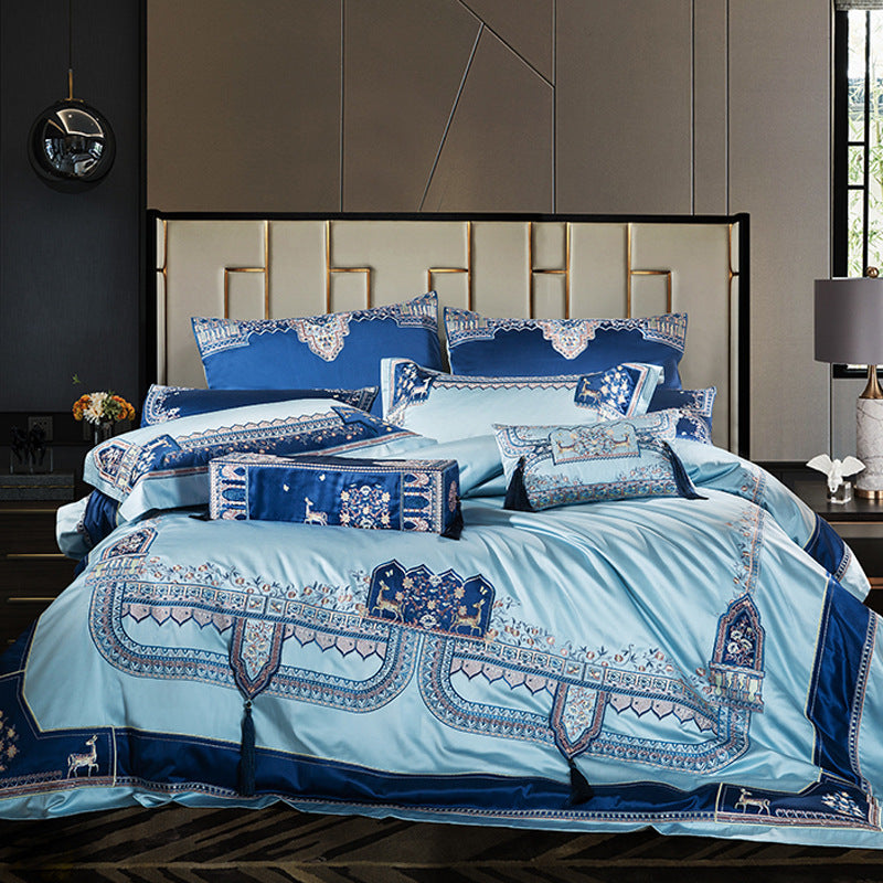 Luxury Villa Palace Style Long-staple Cotton Bedding Blue Flat sheet