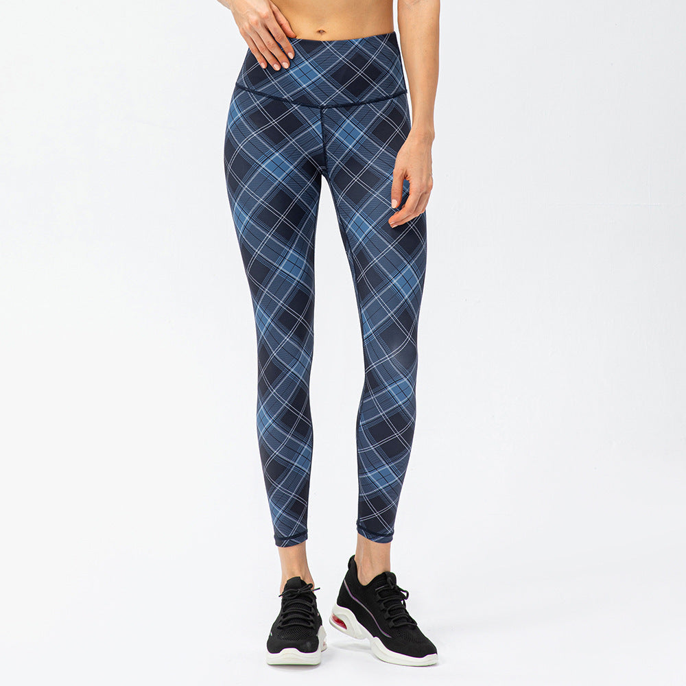 Women's Houndstooth Yoga Trousers Nude Feel High Waist Peach Hip Tight Running Exercise Pants Plaid Elements Purplish Blue Plaid
