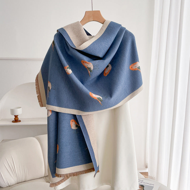Warm Scarf Fashionable Outerwear Sweet Cute Double-sided Shawl Magpie Haze Blue