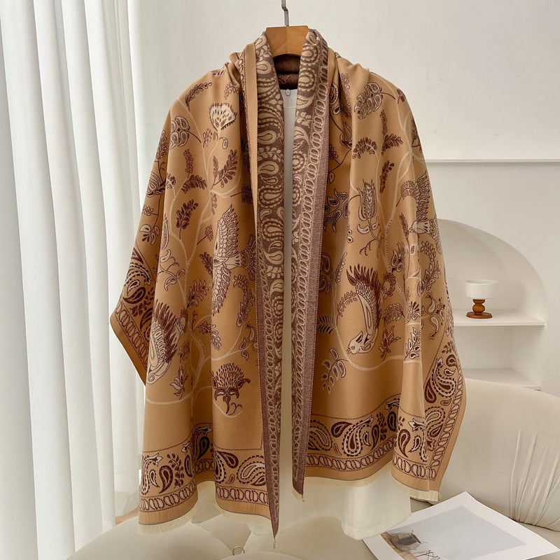 Retro High Sense Artificial Cashmere Scarf Bird National Style Camel No Specifications