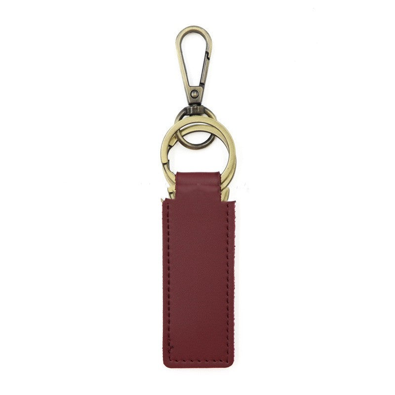 Solid Color Leather Double Ring Keychain Laser Engraving Wine Red