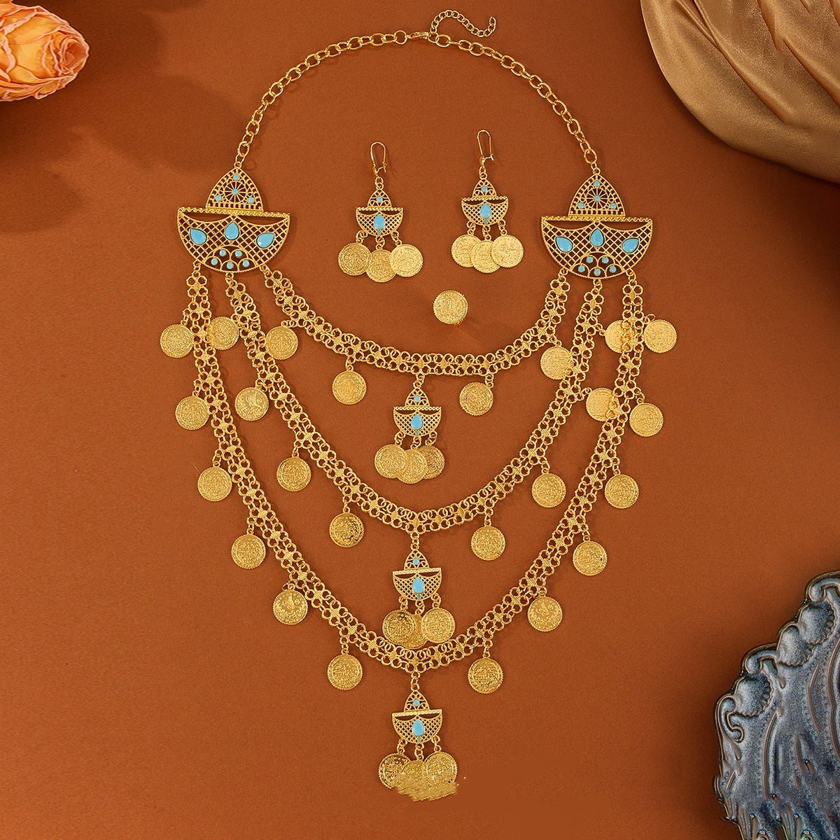 Bridal Gold-plated Necklace Earring Ring Jewelry Suit