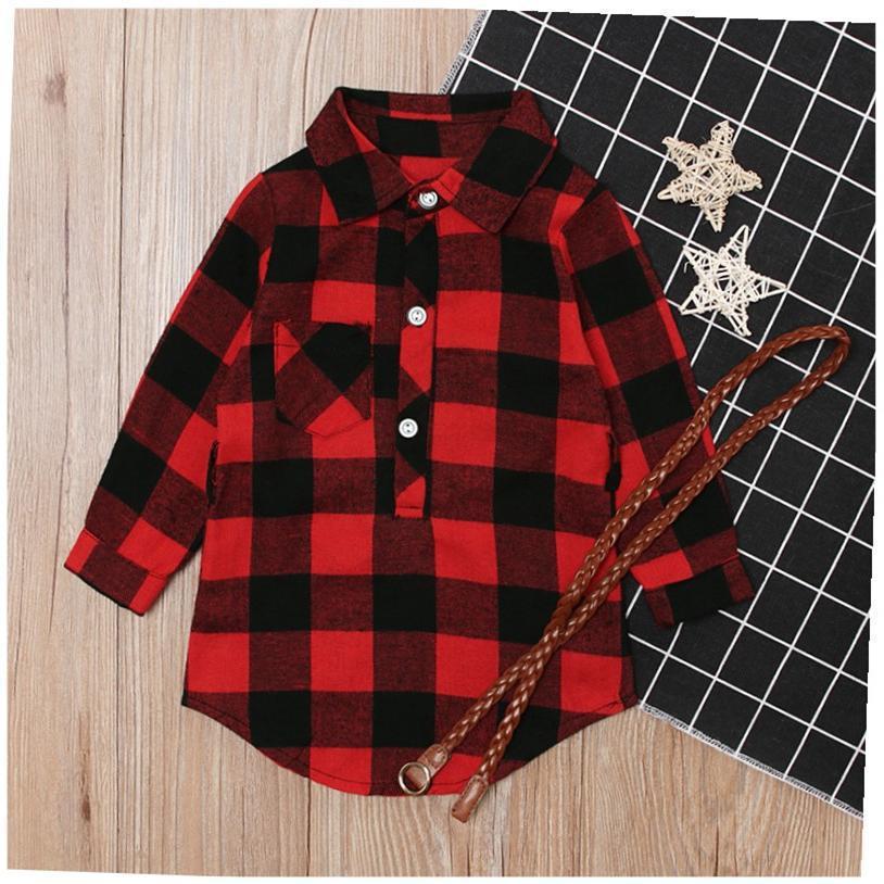 Fashion Girls Long Red Plaid Dress With Belt Red black
